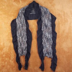 BASILE Womens Scarf 84x13 Black Gray Knit Ruffle Long Rectangle Wool Blend